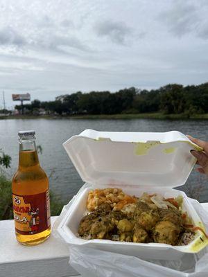 A Kola champagne, curry chicken, rice and peas, steamed cabbage, a water view