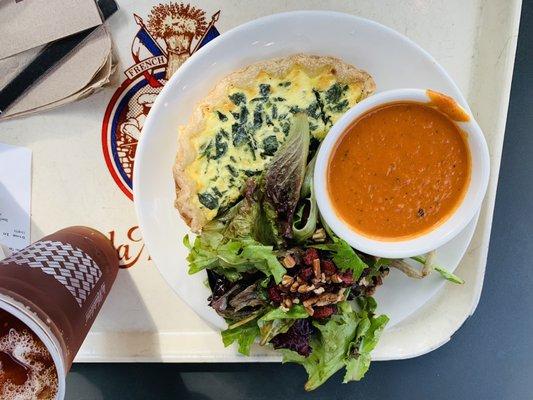 Cafe sampler for lunch: tomato basil soup, petite salad and Quiche Florentine