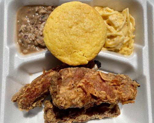 Monday Lunch Special: Fried Ribs, Cheesy Spaghetti, Black Eyed Peas & Rice, and Corn Muffin.