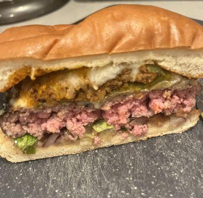 Stuffed banana pepper burger - seasoned patty with a flavorful "crust," cooked to a perfect medium