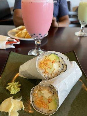 Sushi burrito and strawberry boba tea