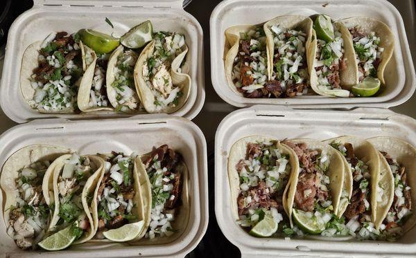 Chicken, carnitas, and pastor tacos