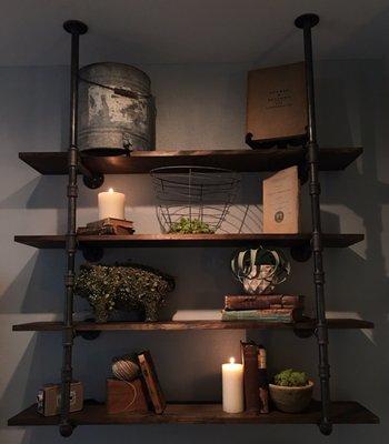 I bought almost every decor piece from Shabby Creek! Love love love these industrial shelves with some amazing finds!