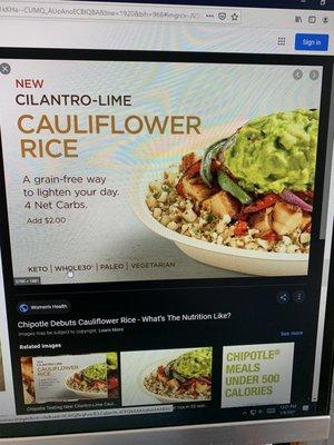 Advertised cauliflower rice bowl