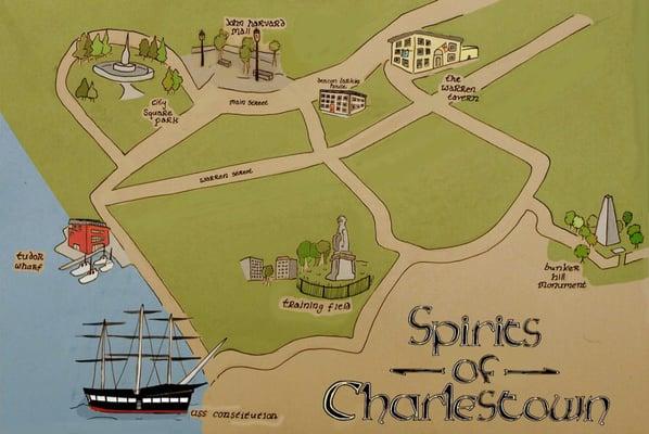 Map for historical sites on the Spirits of Charlestown Tour.  www.SpiritsofCharlestown.com