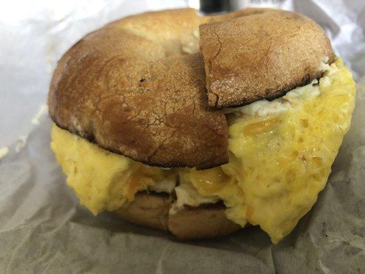 Sausage Eggel Bagel on sourdough bagel, added cream cheese