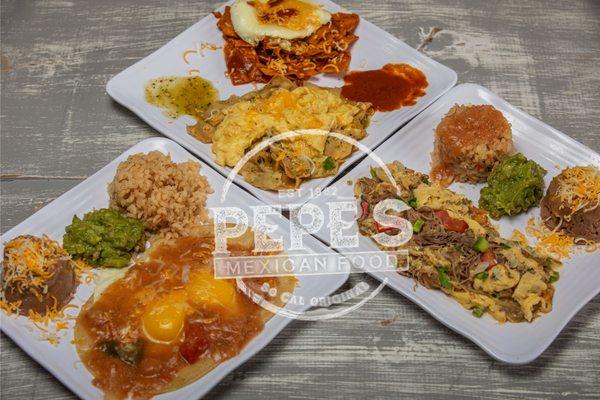 Huevos Rancheros (bottom left), Chilaquiles Red with over easy egg and Chilaquiles green scrambled (top middle), & Machaca (Bottom right).