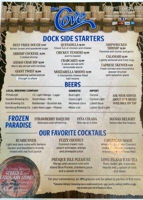 Menu of appetizers and alcoholic beverages