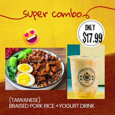 Super special combo~~
Specially made braised pork with yogurt drinks, only $17.99