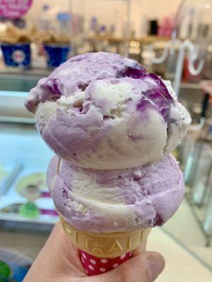 Ube Coconut Swirl - Double scoop on a cake cone.