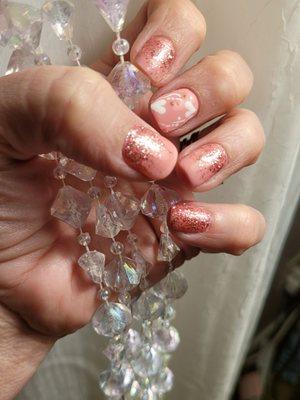 Princess Pink with Rose Gold sparkle and white hand painted hearts for Valentines! LOVE!