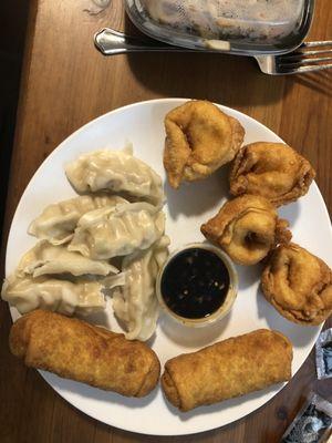 Crab Rangoon(4), Egg Roll - Beef, Steamed Dumpling(6)