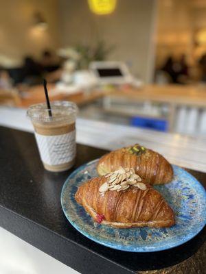 Almond Raspberry Croissant, Pistachio Baklava Croissant, Vanilla Latte