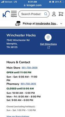 correct store hours, per Kroger.com website