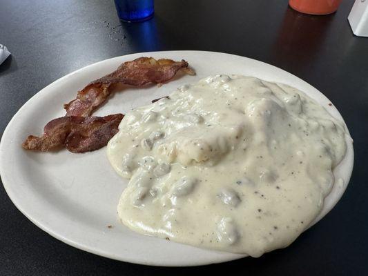 Two Biscuits and Gravy and half order of bacon