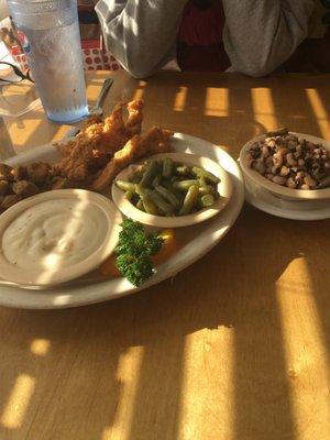 Chicken Fingers w/ Green Beans, Black Eye Peas, and Fried Okra