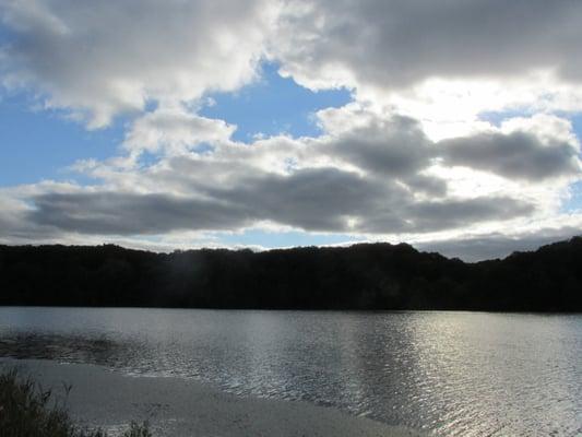 View of lake from sandy swimming beach at Geode SP, taken 9/11/14.