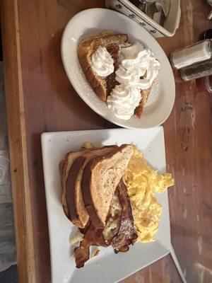 The Hungry Man with bacon, French toast and scrambled eggs with American cheese