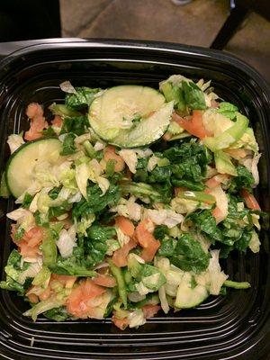 My favorite order- chopped salad of lettuce, spinach, lots of tomatoes, cucumbers, and bell peppers :)