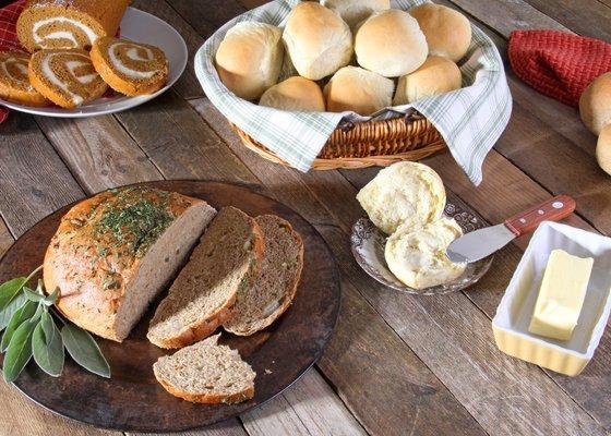 Sage & Thyme Stuffing Bread, Pumpkin Cream Cheese Log, Rolls, Thanksgiving Spread