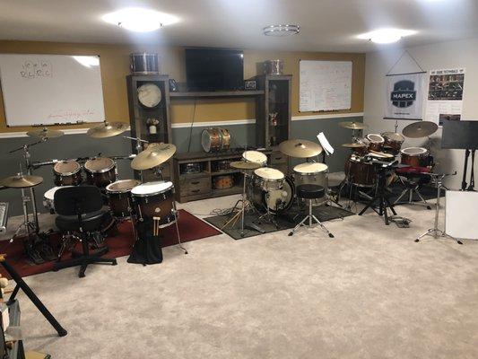 The drum room! Three kits, pad station, concert snare station and recording capabilities.