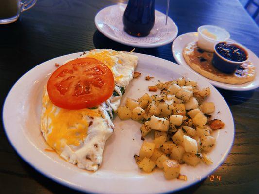 Spinnaker Omelet, Peasant Potatoes, Blueberry dollar cake