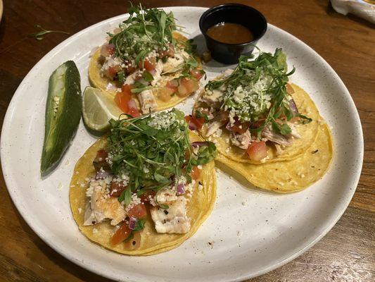 Chicken street tacos. Delish. The guacamole was on point (to us).  That jalapeño was HOT!