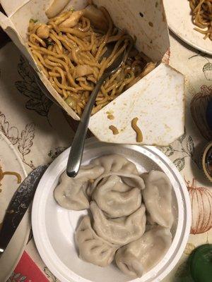 Chicken Lo Mein and steamed dumplings