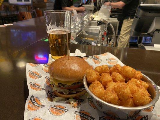 American burger and tots.