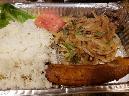 Bistek encebollado with arroz con frijoles (not pictured) with maduro and mini salad