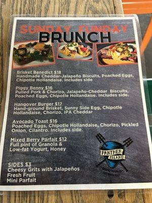 Sunday-only Brunch menu served starting at 12 noon