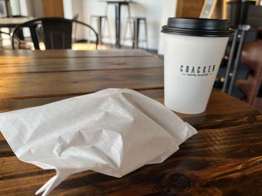 Blueberry scone to go and a 12 ounce black sugar latte.