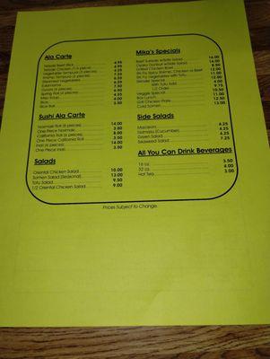 Back of menu