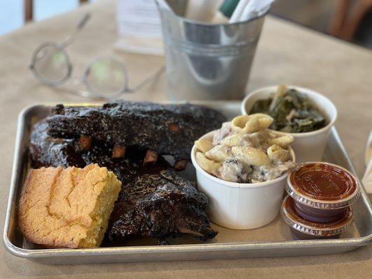 Ribs, brisket Mac and cheese, collard greens and jalapeño corn bread