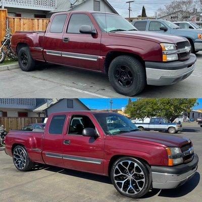 Lowering kit and wheels and tires 24inch replica on this Chevy Silverado looking way better