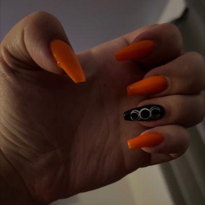 Full Acrylic nails, orange and black, free hand nail art