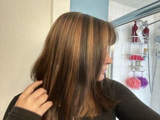 This is what my hair looked like after I went from fully black to highlights (I used black box hair dye)