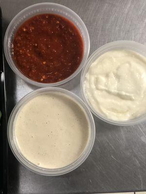 Moroccan Hot Sauce, Tahini and Garlic Sauce