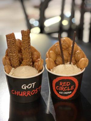 Vanilla scoop w/cookie butter glazed churros & dulce de leche glaze on puff (left), w/pocky & cookie butter drizzle on puff (right)