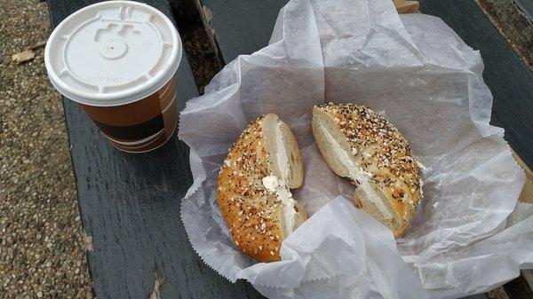 Everything bagel with cream cheese.