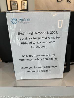 Sign stating the 3% credit card fee