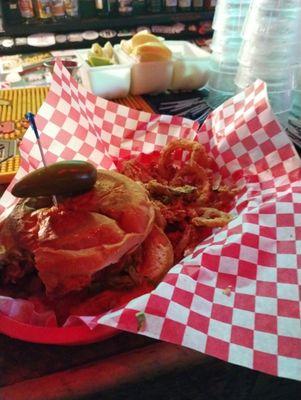 Adairs cheeseburger with onion rings