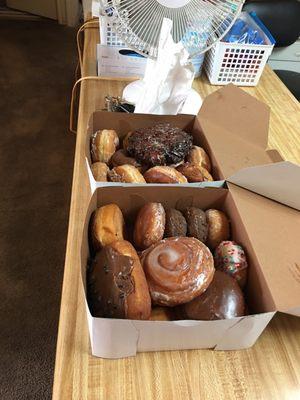 $7 one day old donuts. Includes 2 free filled donuts. Cash only