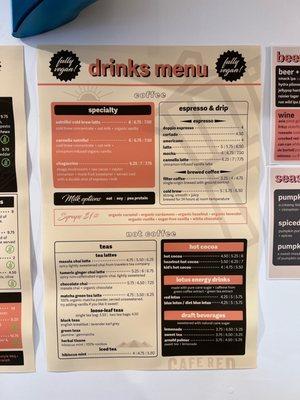 Drinks menu