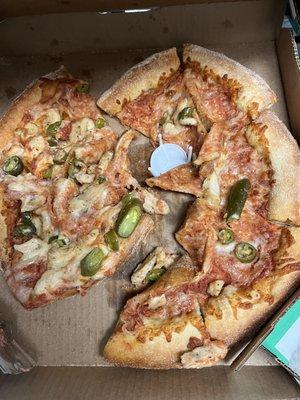 I ordered delivery, the driver said that he took care of the pizza and that I was lying. This is how both Pizzas arrived.