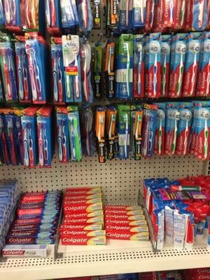 Get your brand name toothbrushes, tongue scrapers and tooth paste here folks. Each $1. Can't beat that.