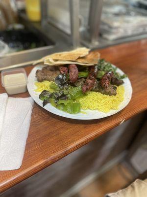 Mixed grill $15.99--we had to take a Togo box. Made fresh there. Falafel pita wrap $4.99 & chef gave us a sample of Kufta w/eggplant.