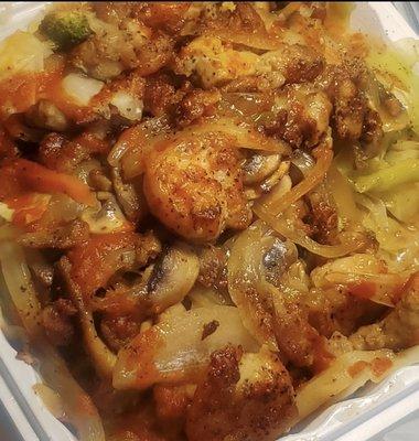 Chicken & shrimp hibachi with onions & mushrooms. (optioned all vegetables, consisting of cabbage)