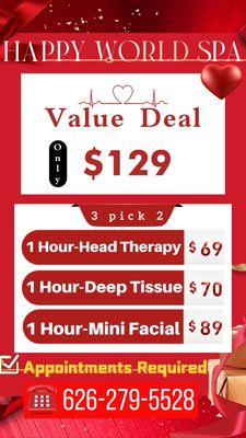 Value Deal only $ 129 get 3 pick 2 item (1hr.+1hr.)