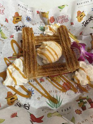 Churros with ice cream and caramel sauce!